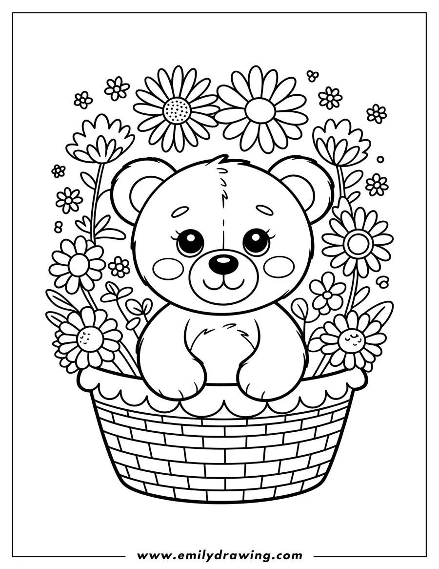 Outline of a teddy bear sitting in a basket filled with various flowers.