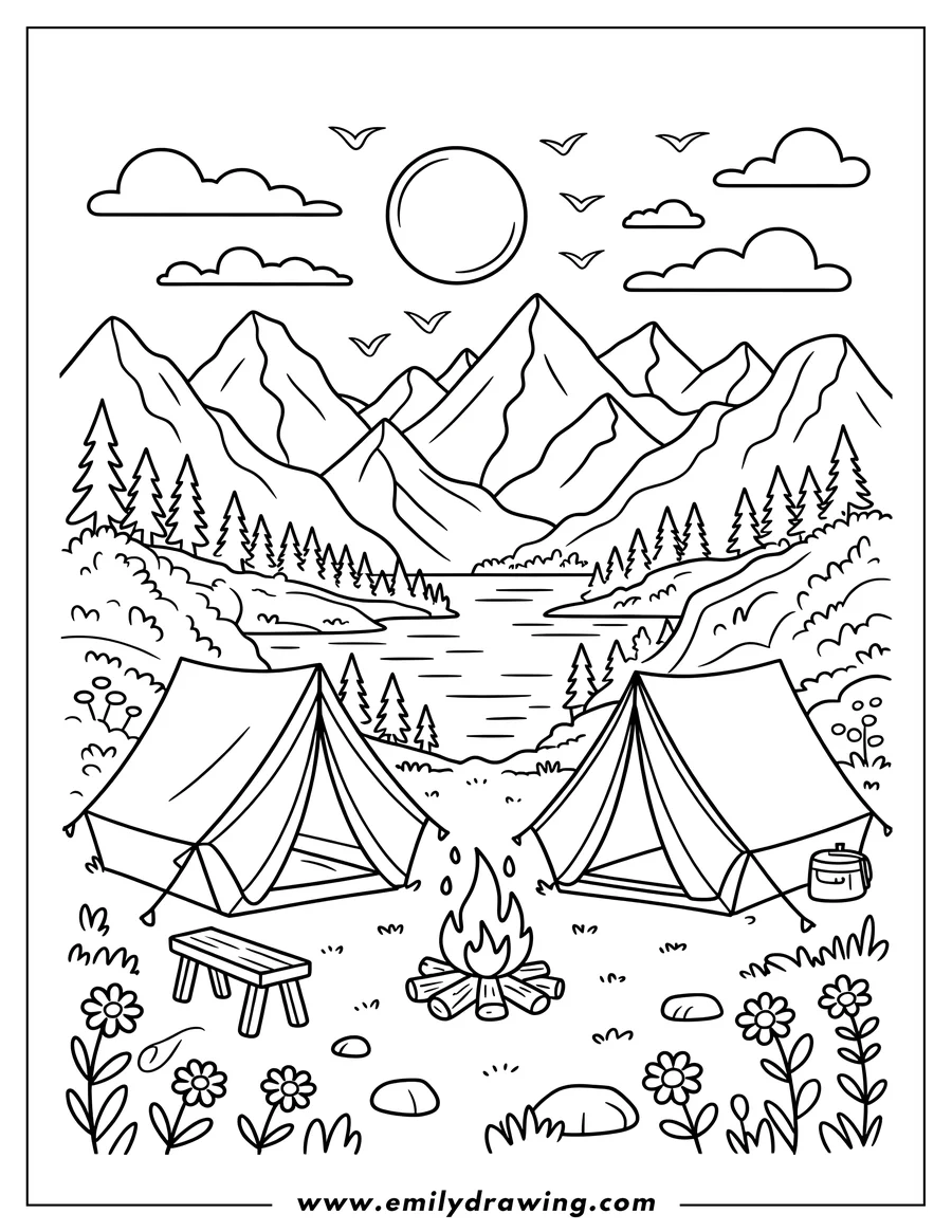 Outline of a campsite scene with two tents, a campfire, a small bench, flowers and grass in the foreground, a lake and mountains in the background, and birds flying overhead. 