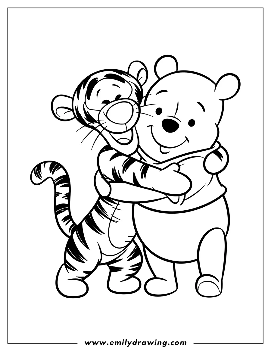 Line art of Tigger and Winnie the Pooh hugging each other.