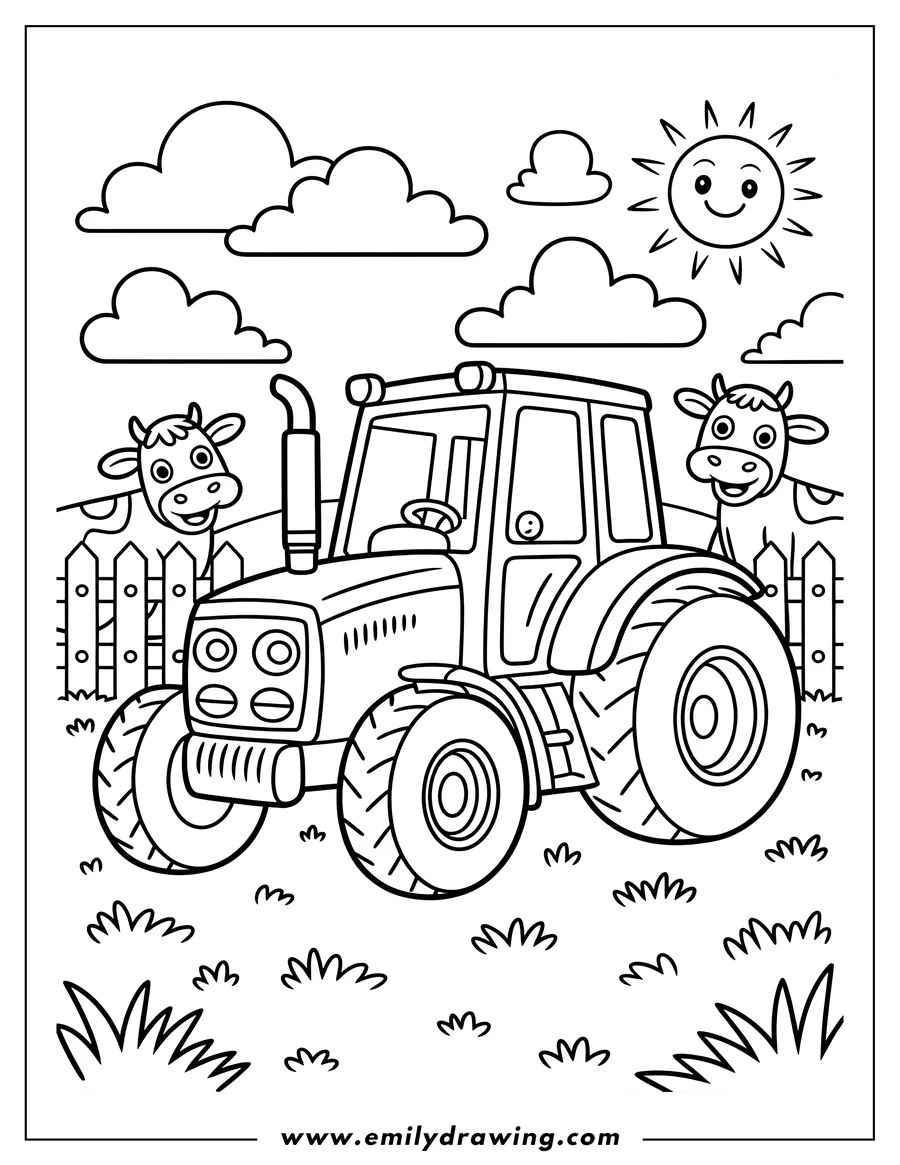 Line art of a tractor on a farm with two cows peeking over a fence.  The sun is shining and there are fluffy clouds in the sky.