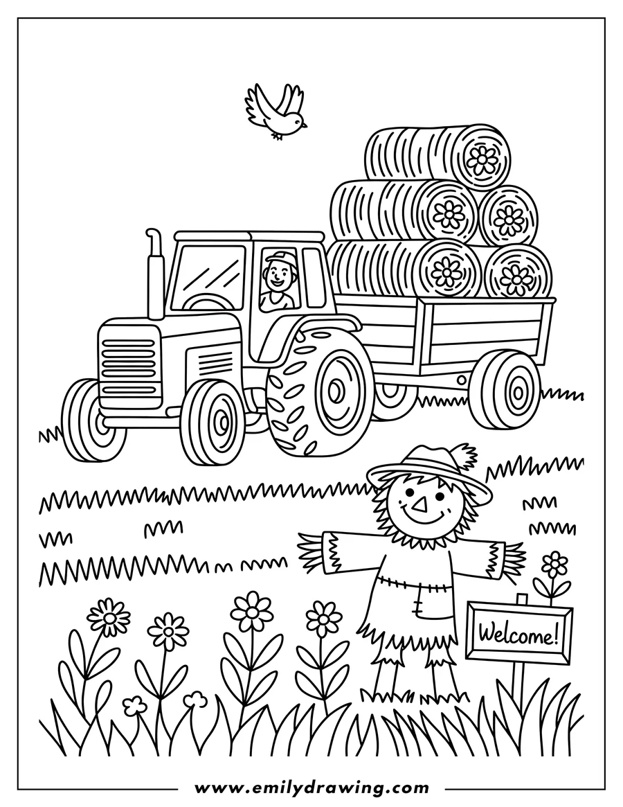 Line art of a farmer driving a tractor with hay bales, a scarecrow by a flower patch, and a bird flying overhead.