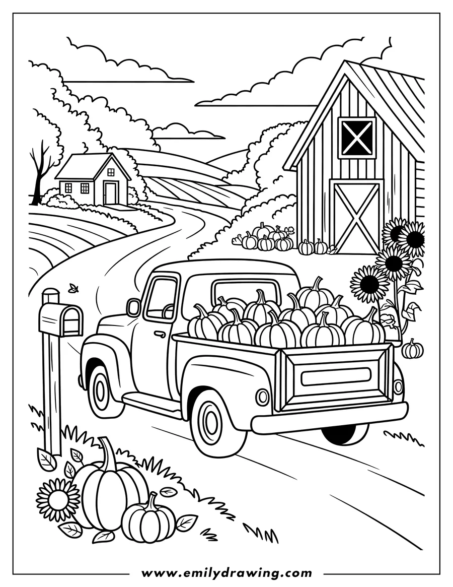 Line art of a truck carrying pumpkins on a farm, passing by a barn, sunflowers, and a farmhouse. More pumpkins sit in the foreground.