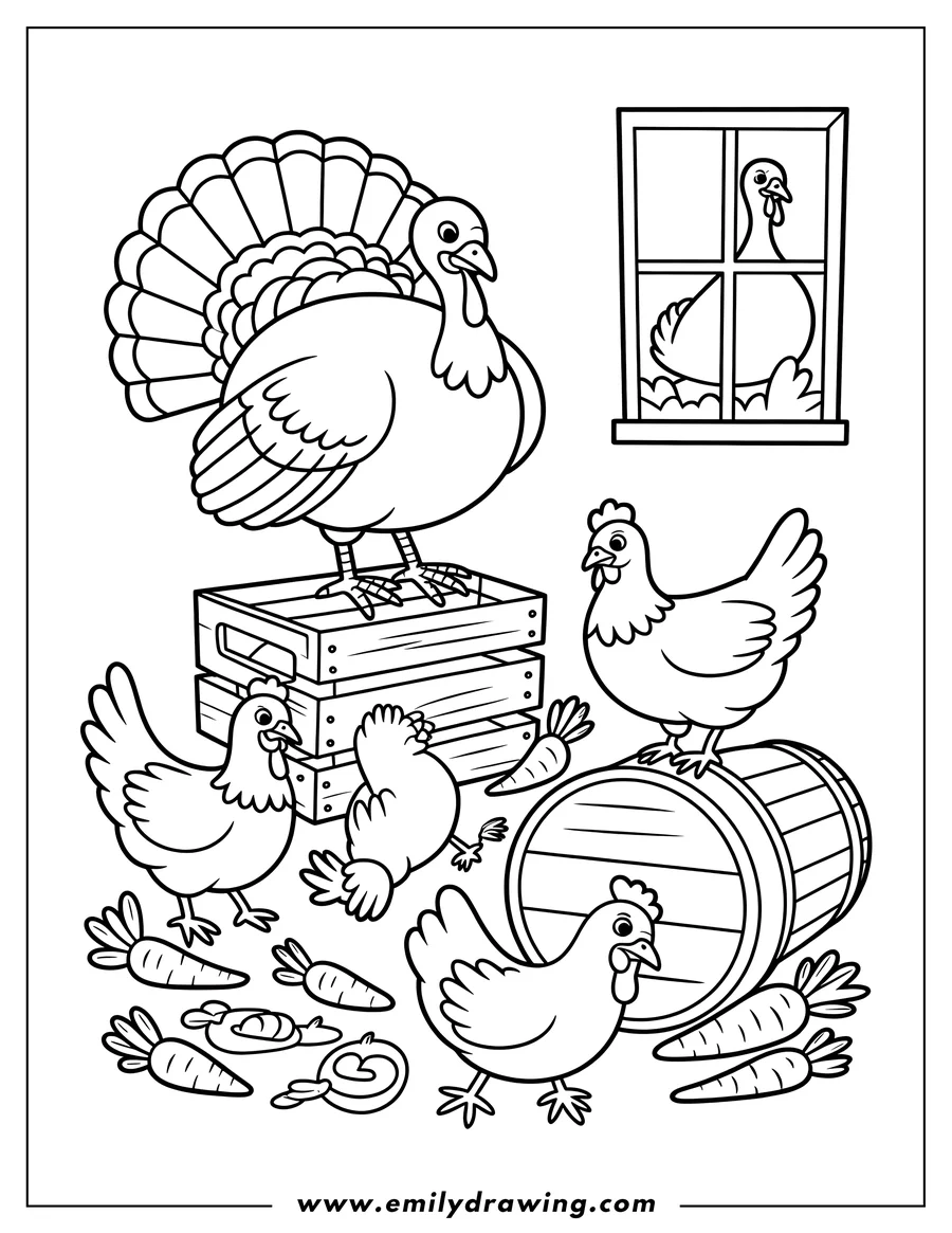Line art of a turkey standing on a crate, several chickens near a barrel and carrots scattered around, creating a farm scene.
