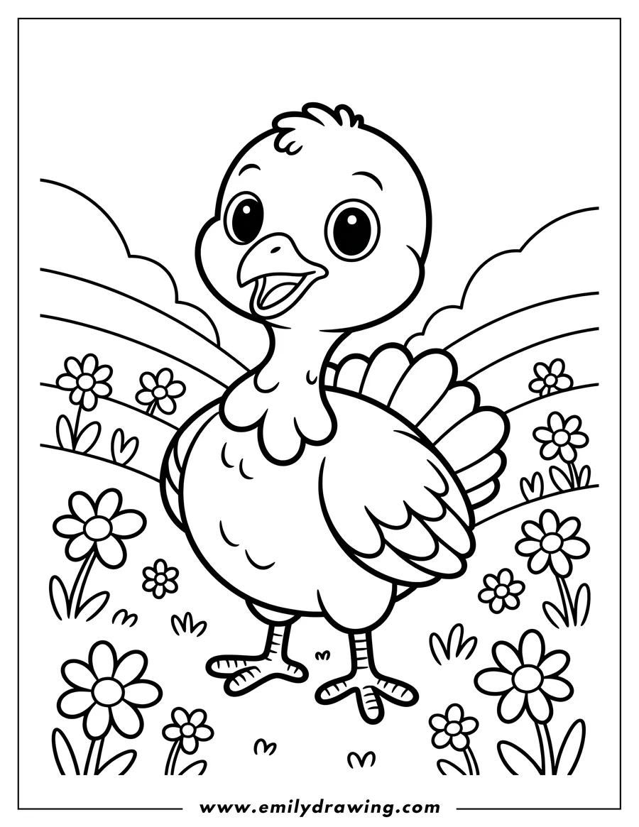 Outline of a happy baby turkey standing in a field of flowers.