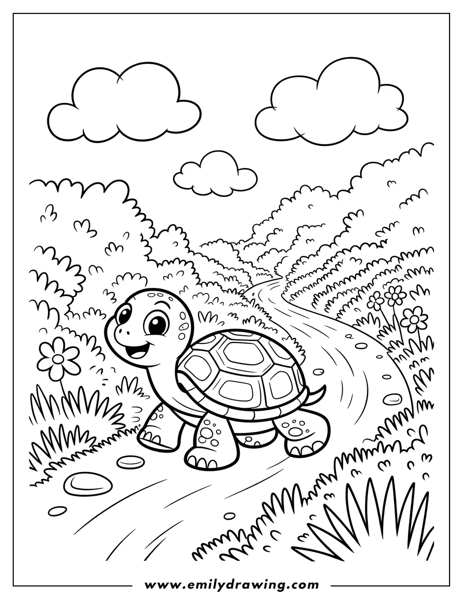 Outline of a cheerful turtle walking along a winding path through grassy fields.  Flowers and bushes line the path, and fluffy clouds float overhead.