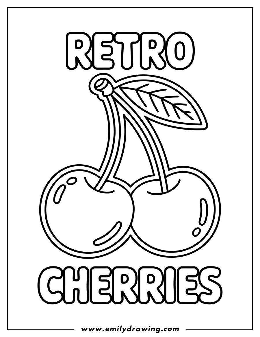 Line art of two cherries joined by a stem and leaf.