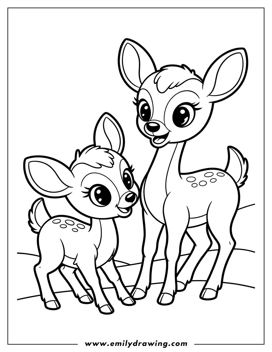Outline of two friendly deer smiling at each other.