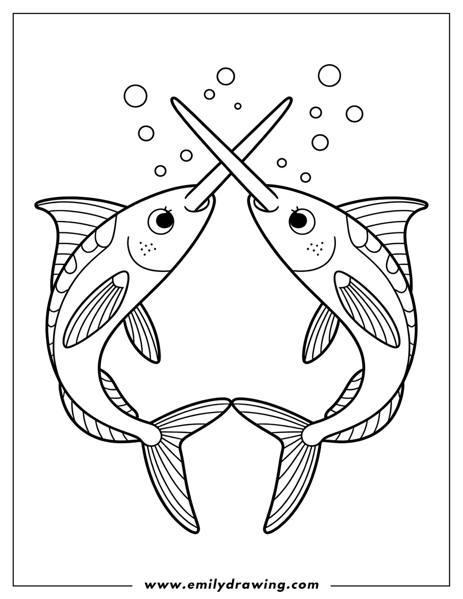 Line drawing of two swordfish with their 'swords' crossed, surrounded by bubbles, ready to be colored.