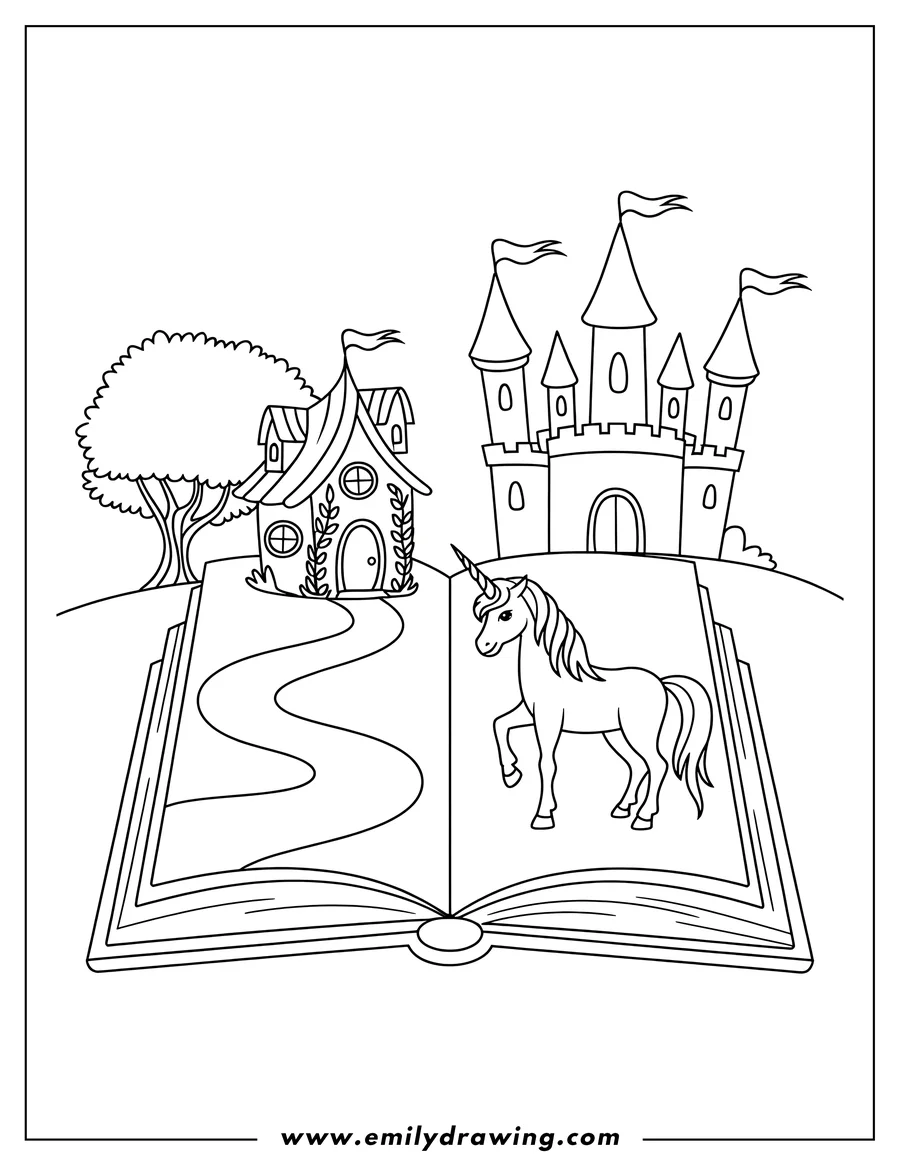 Outline of a unicorn in an open book, with a castle and a small house on the opposite page. A tree is visible near the house.