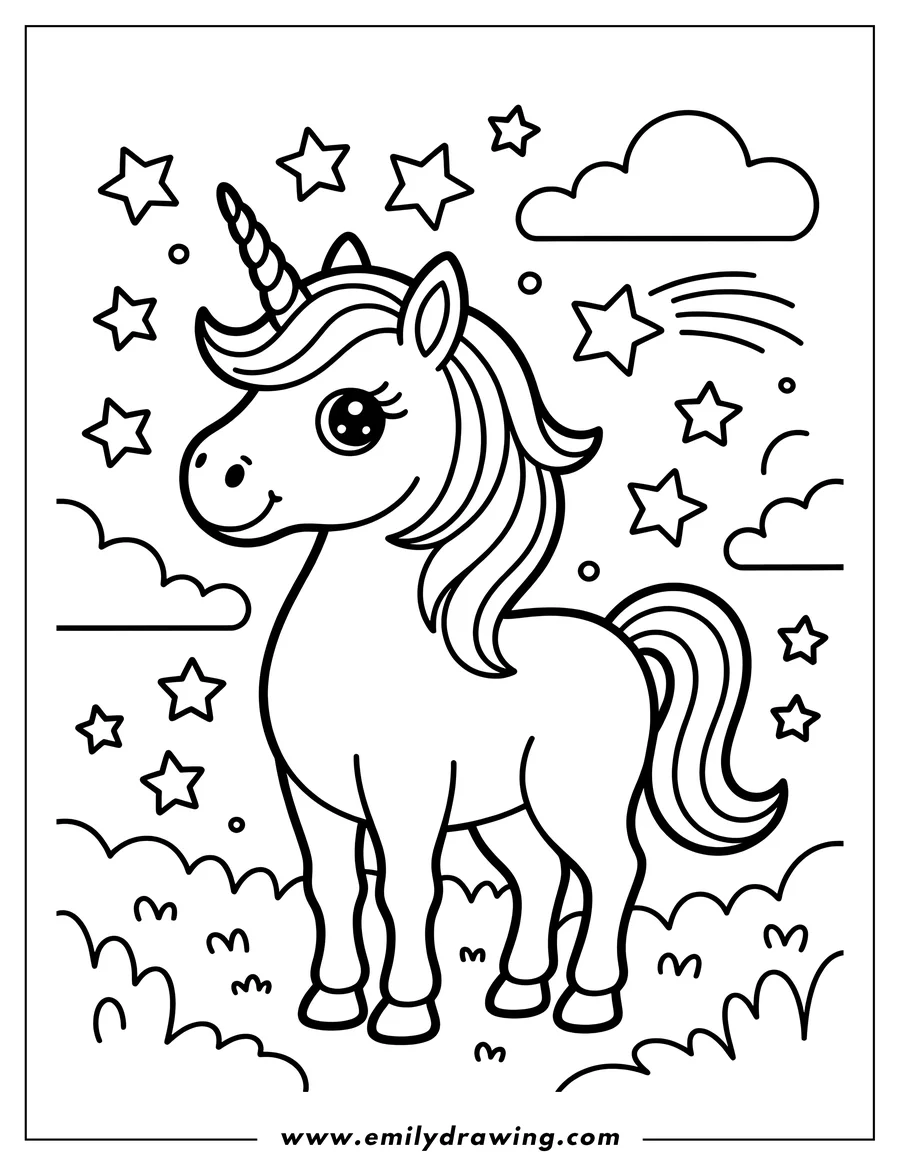Outline of a unicorn with a swirly horn, surrounded by stars and clouds.