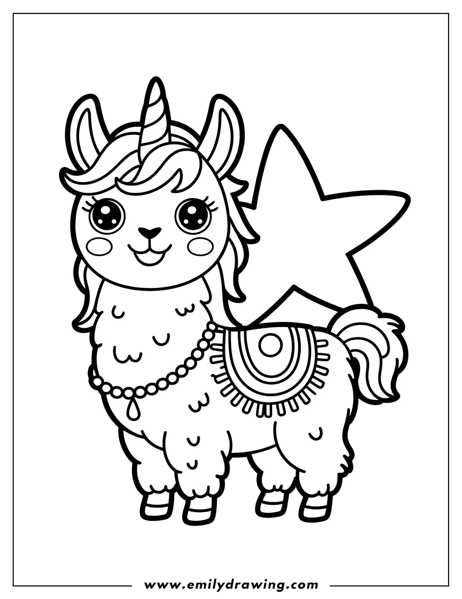 Line art of a llama with a unicorn horn, wearing a decorative blanket and beaded necklace, standing next to a large star.