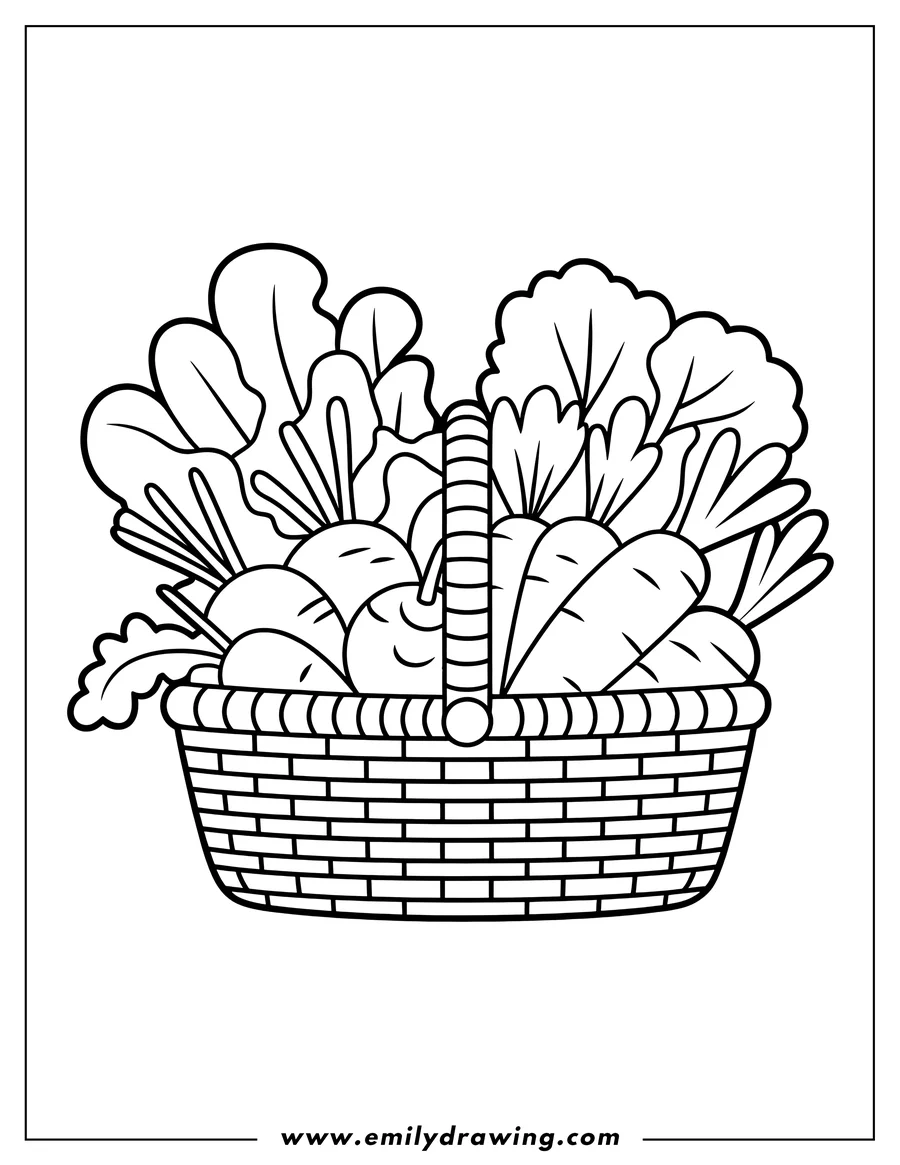 Outline of a basket filled with various vegetables, including carrots, beets, and leafy greens.