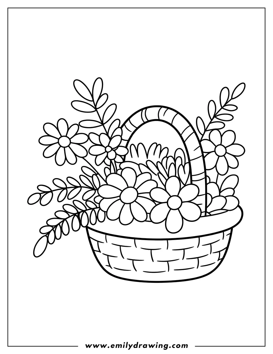 Outline of a wicker basket overflowing with daisies and leaves.