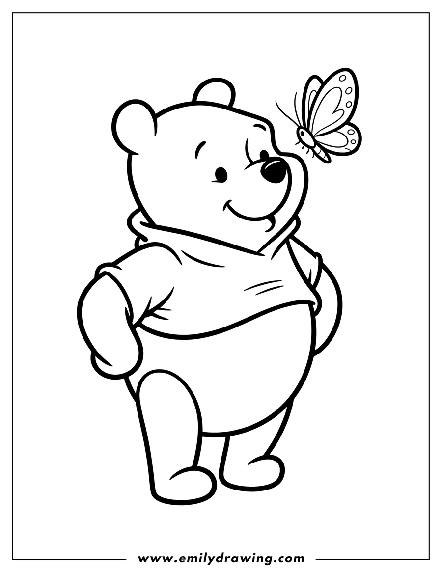 Outline of Winnie the Pooh looking at a butterfly