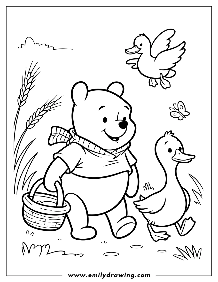 Line art of Winnie the Pooh carrying a basket and walking with a small duckling, with another duck flying and a butterfly fluttering nearby.