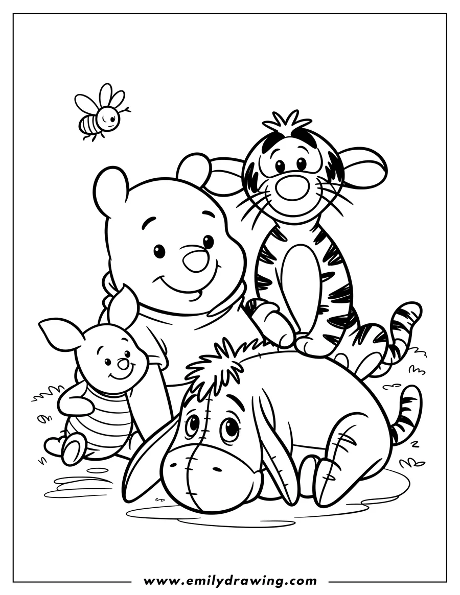 Line art of Winnie the Pooh, Piglet, Tigger, and Eeyore with a bee overhead. 