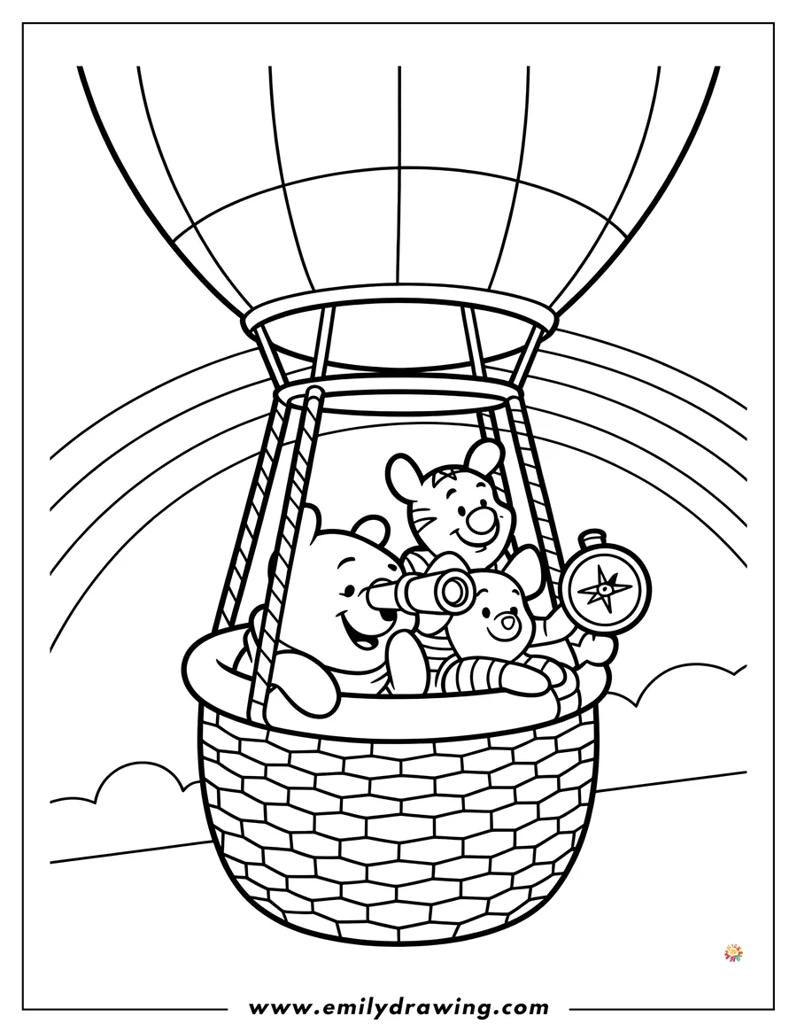 Line art of Winnie the Pooh, Tigger, and Piglet riding in a hot air balloon basket. Pooh looks through a telescope, Piglet holds a compass, and a rainbow arches behind the balloon.