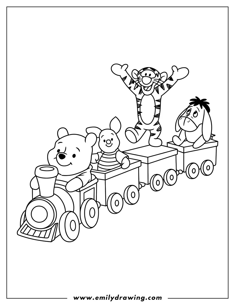 Line art of Winnie the Pooh, Piglet, Tigger, and Eeyore riding in a small train. Pooh is at the front driving. The others are sitting in separate carriages.