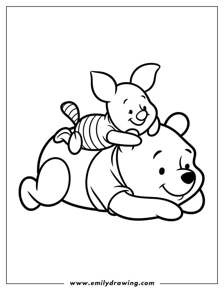 Outline of Winnie the Pooh lying down with Piglet sitting on his tummy