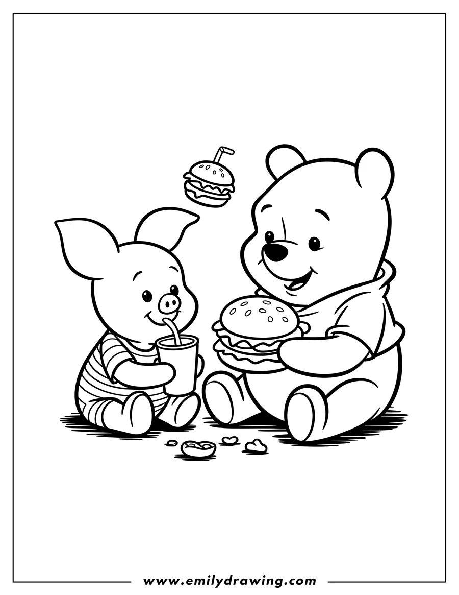 Outline of Winnie the Pooh and Piglet enjoying burgers at a picnic. Pooh holds a large burger while Piglet sips from a cup with a straw, with scattered nuts nearby.