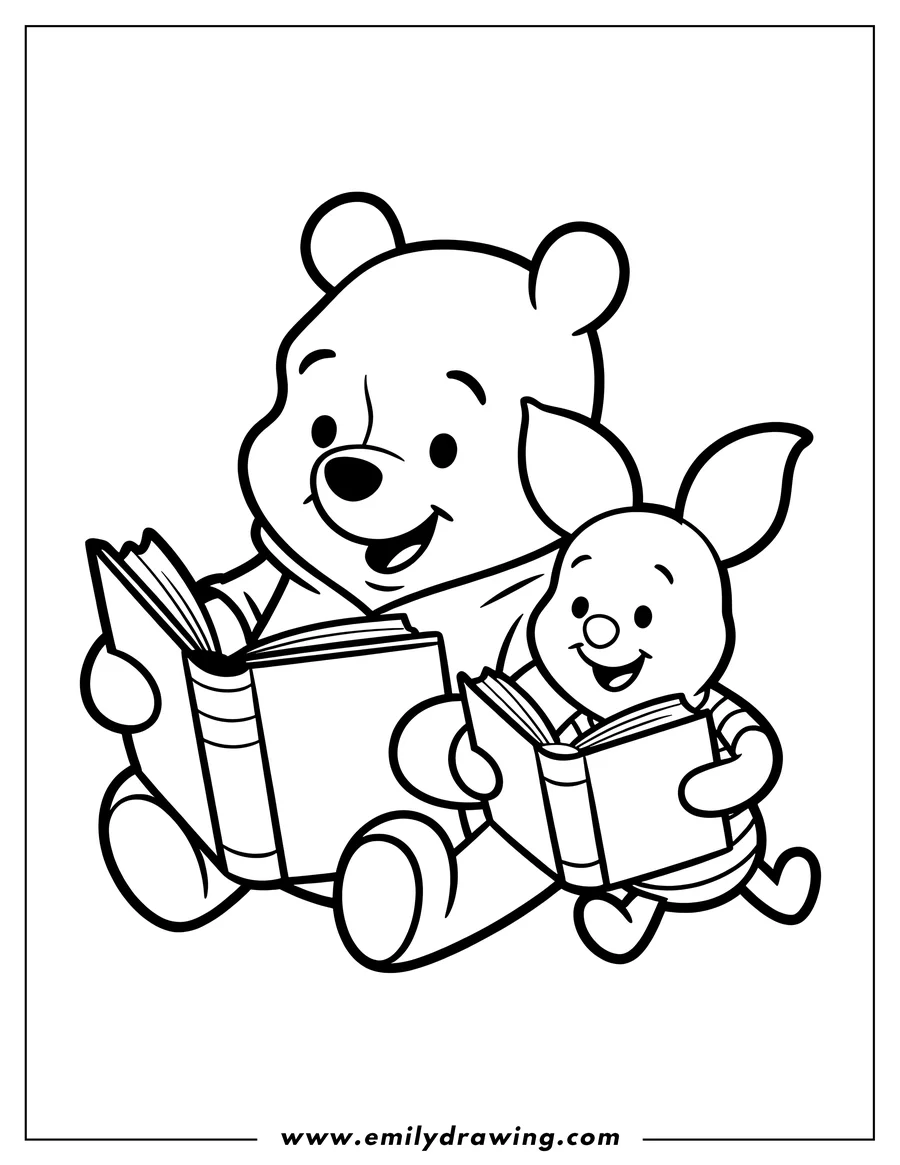 Line art of Winnie the Pooh and Piglet sitting and reading books. Winnie the Pooh holds a larger book, and Piglet holds a smaller one.