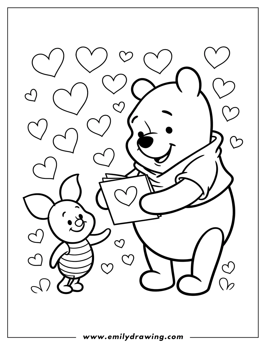 Line art of Winnie the Pooh holding a Valentine's Day card for Piglet, surrounded by hearts.