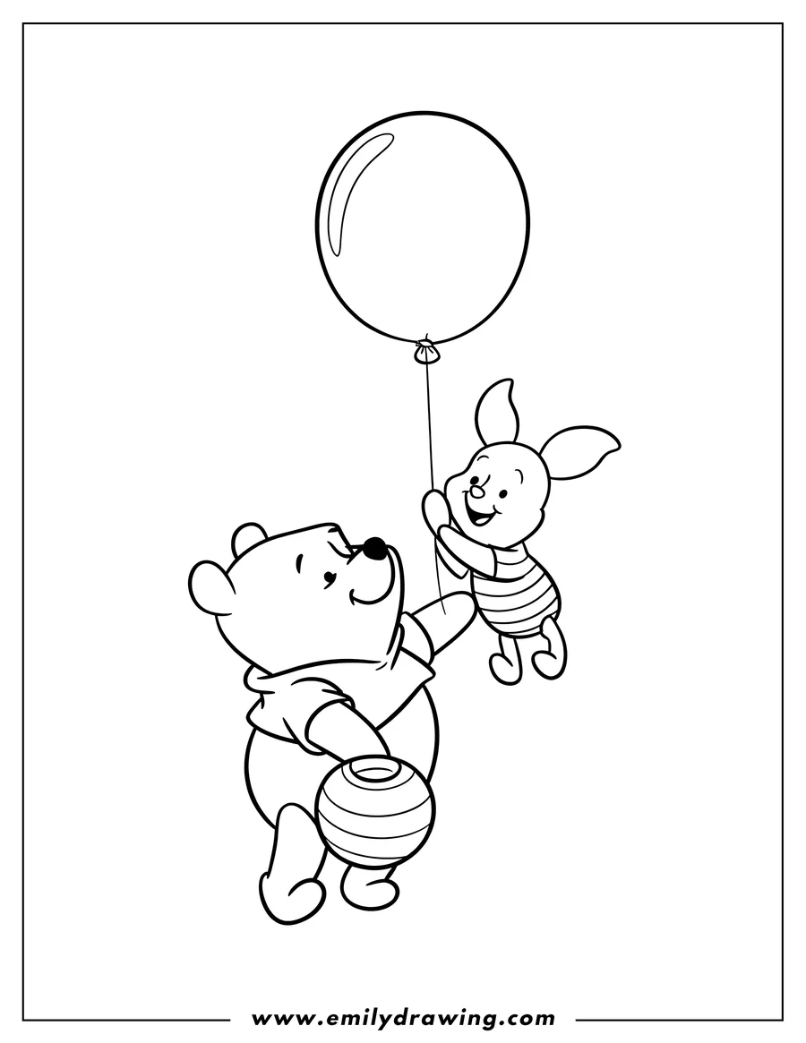 Line art of Winnie the Pooh holding a honey pot and Piglet holding a balloon.