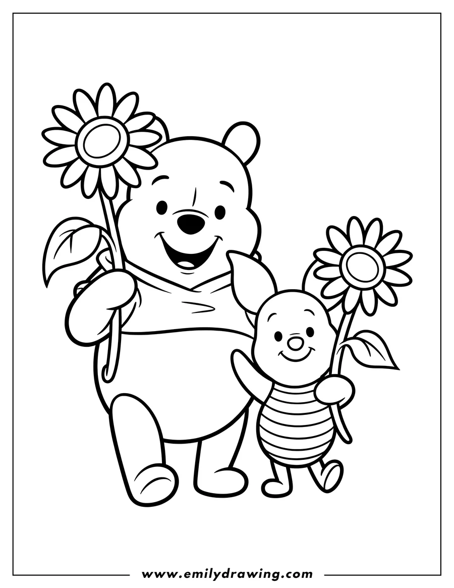 Line art of Winnie the Pooh and Piglet, each holding a large flower with a long stem and leaves.