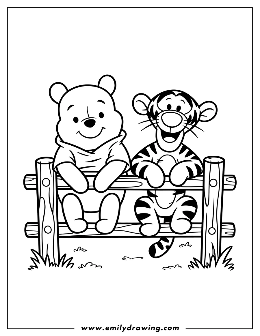 Line art of Winnie the Pooh and Tigger sitting on a wooden fence. Both are smiling and looking forward.