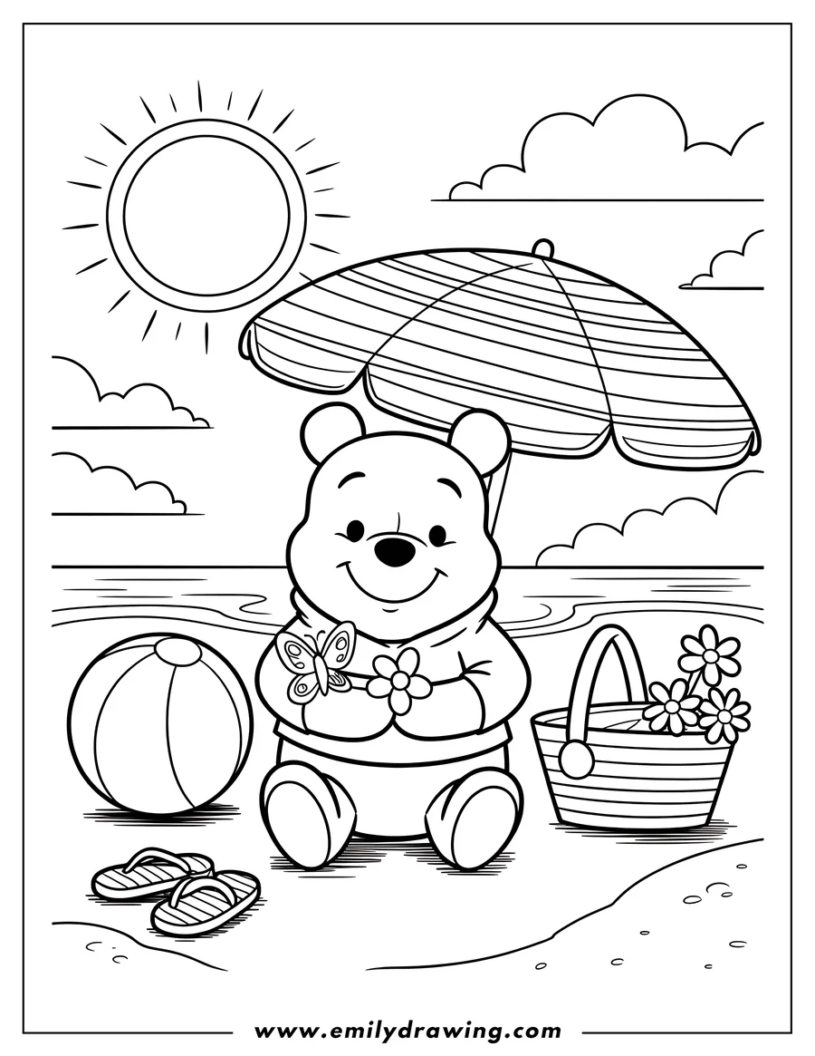 Line art of Winnie the Pooh sitting on the beach under a beach umbrella. He is holding a flower and a butterfly has landed on his arm. A beach ball, flip flops and a basket of flowers are beside him.