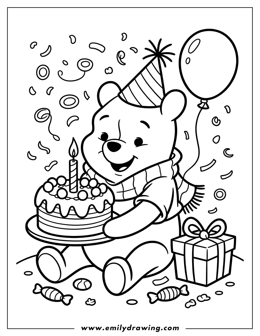 Line art of Winnie the Pooh at his birthday party, holding a cake with a lit candle. He's wearing a party hat and scarf, and there are presents, a balloon, and scattered candies around him.