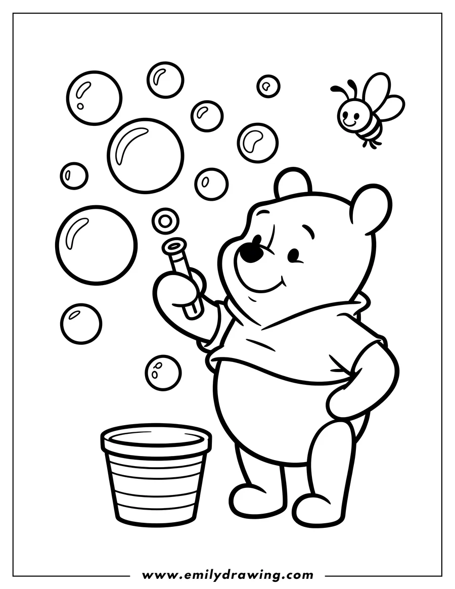 Line art of Winnie the Pooh blowing bubbles with a bubble wand. A small bee flies nearby, and a striped bucket sits at Pooh's feet.