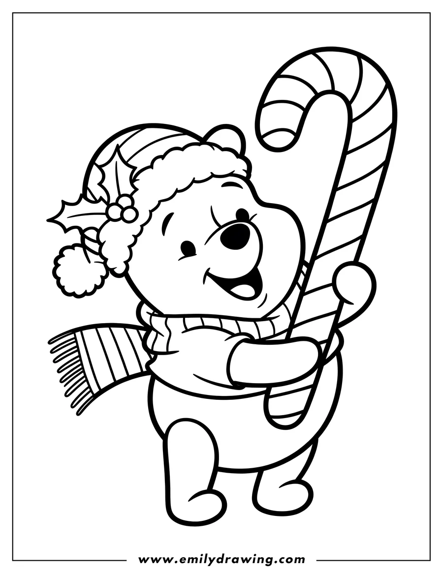 Line art of Winnie the Pooh holding a large candy cane. He's wearing a Santa hat with holly and a striped scarf.