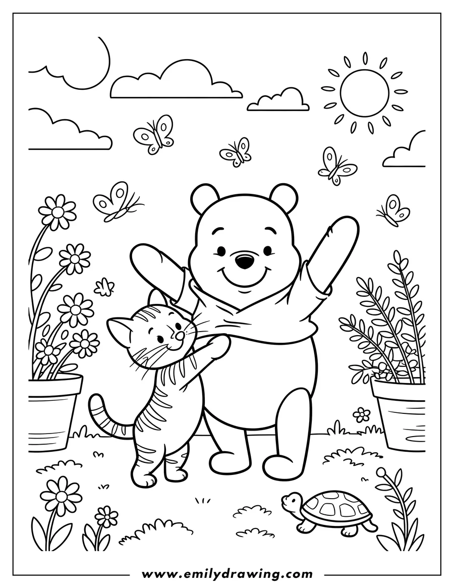 Line art of Winnie the Pooh with a cat and a turtle in a garden setting with flowers, butterflies, and a shining sun.