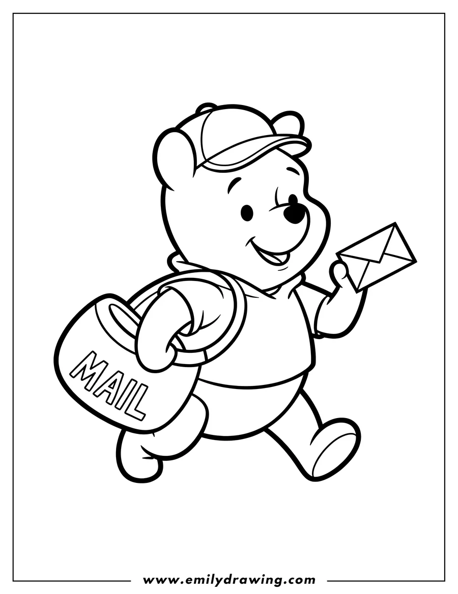 Outline of Winnie the Pooh delivering mail. He's wearing a cap and carrying a mailbag and a letter.