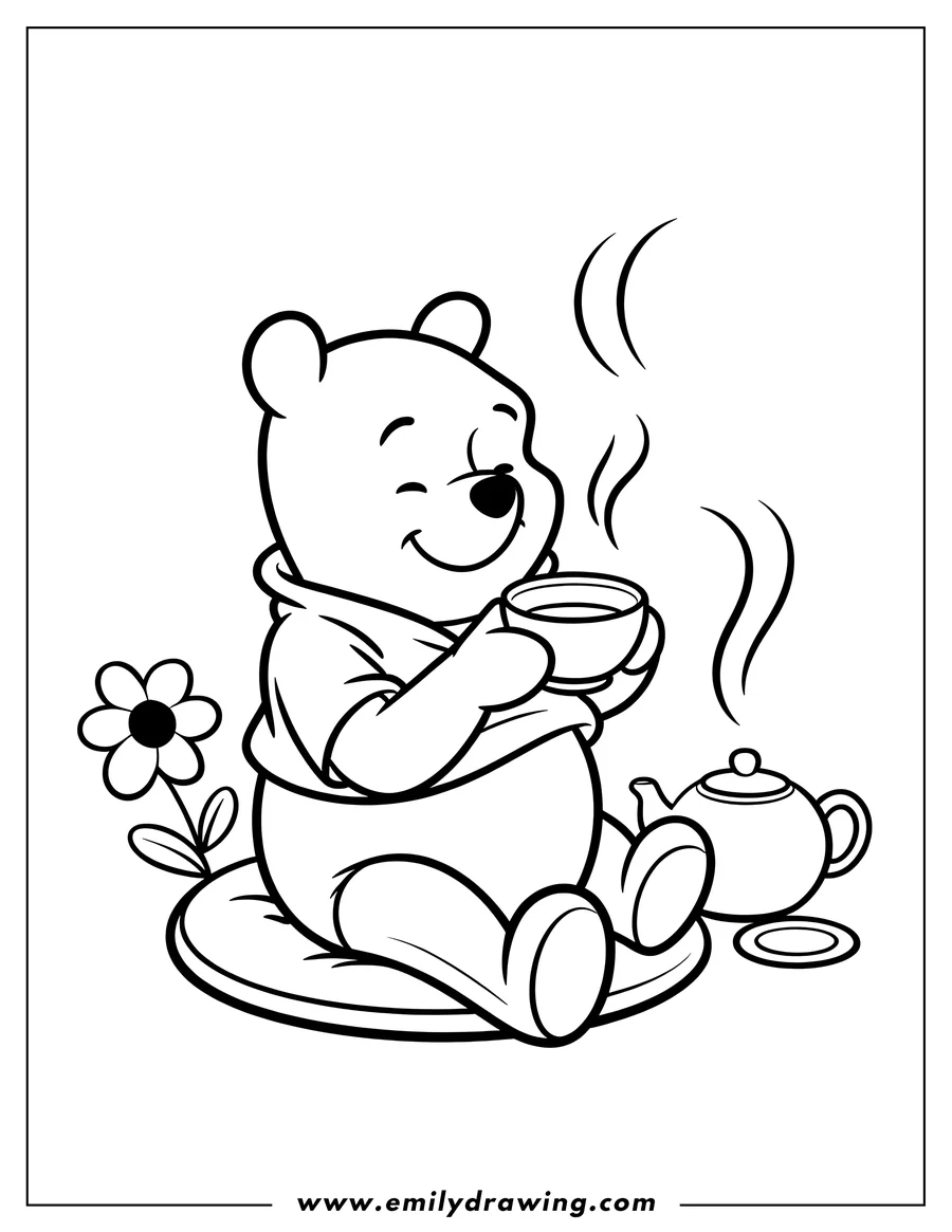 Line art of Winnie the Pooh sitting and enjoying a cup of hot tea.  A teapot and flower are beside him.