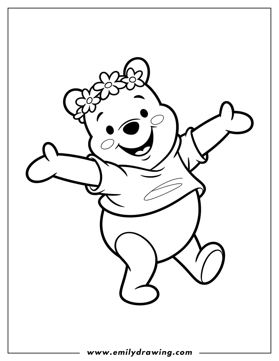 Line art of Winnie the Pooh wearing a flower crown, arms outstretched in a cheerful greeting.