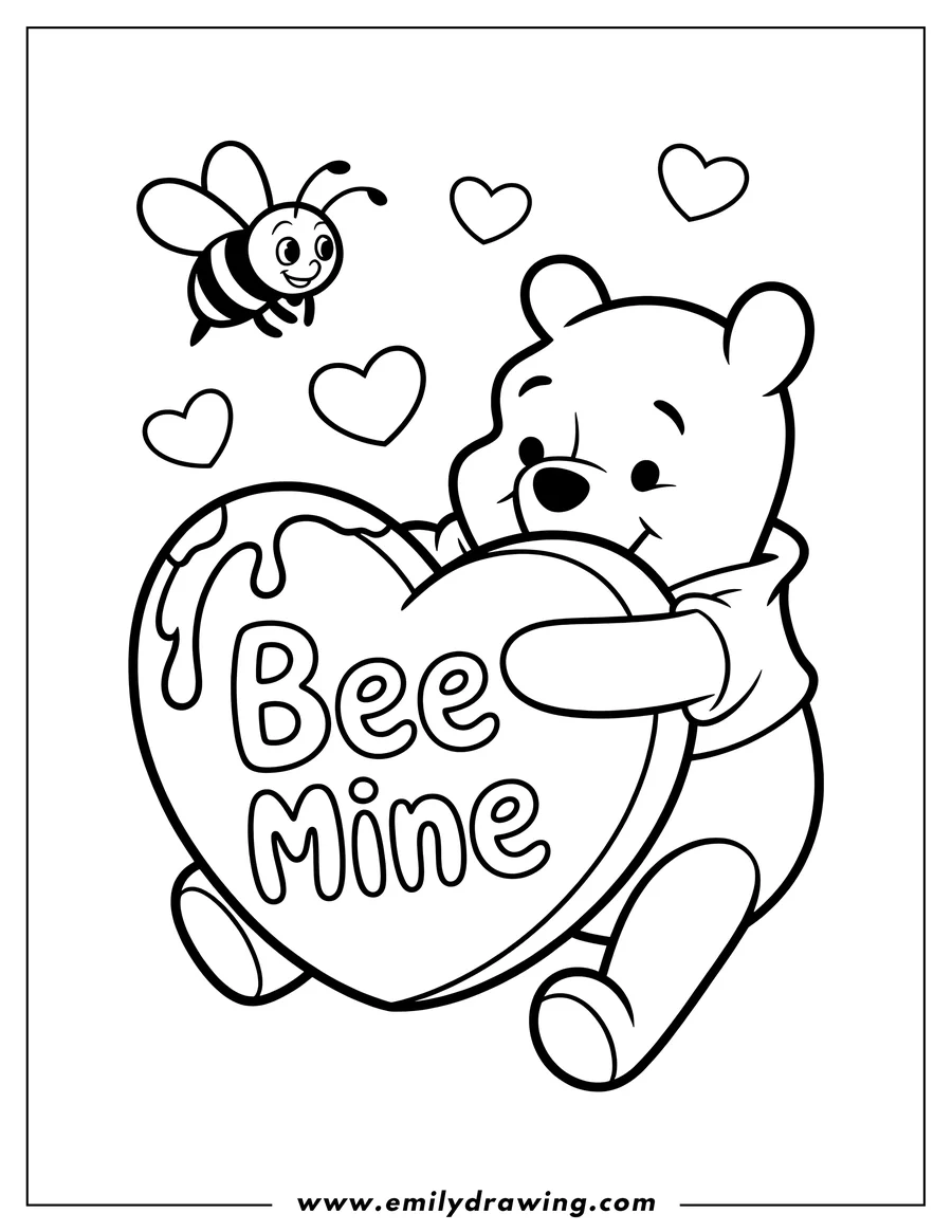 Line art of Winnie the Pooh hugging a large heart that says 'Bee Mine', with a friendly bee and small hearts floating nearby.