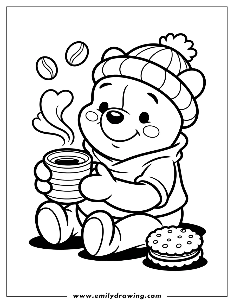Outline of Winnie the Pooh wearing a winter hat and scarf, holding a steaming mug, with a cookie nearby.