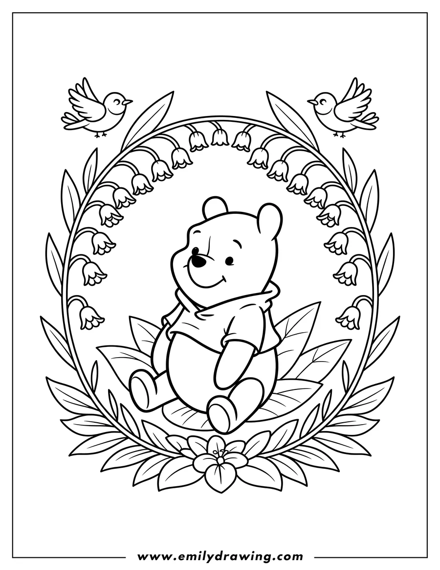 Outline of Winnie the Pooh sitting in a wreath of lily of the valley flowers with two small birds flying above.