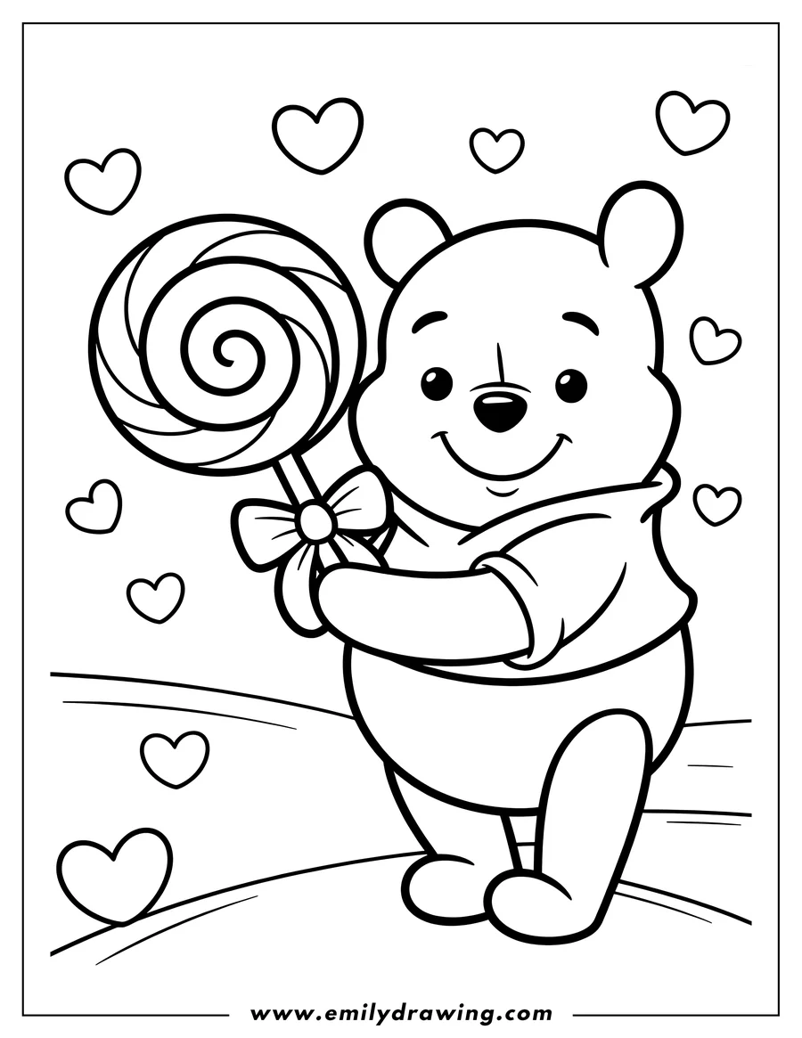 Line art of Winnie the Pooh holding a large lollipop with a bow. Hearts float in the background.