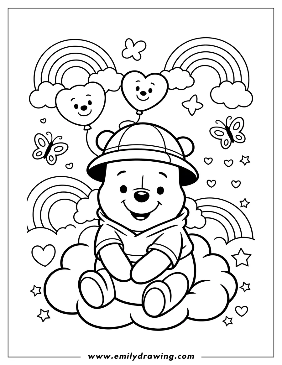 Outline of Winnie the Pooh sitting on a cloud, surrounded by rainbows, heart-shaped balloons, and butterflies.