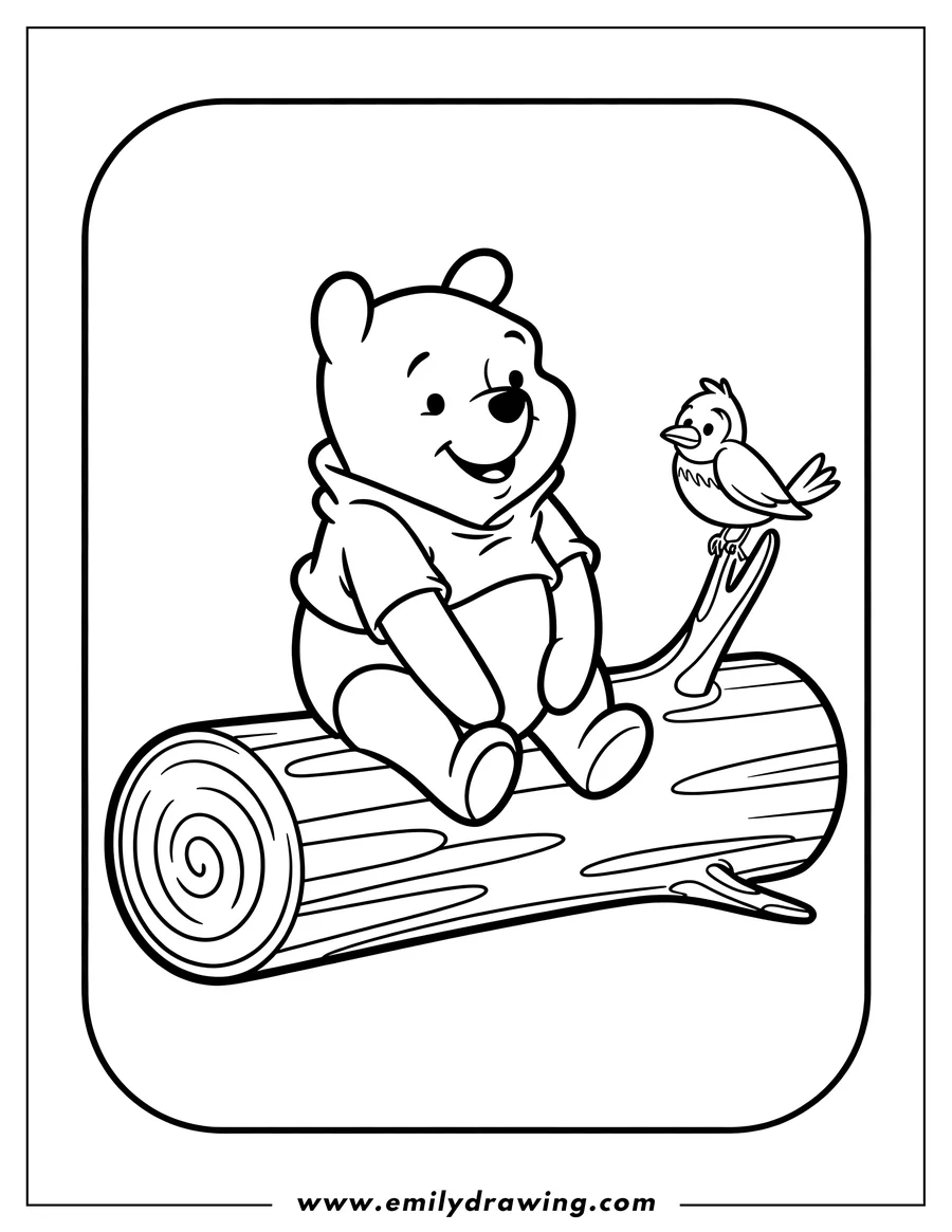 Line art of Winnie the Pooh sitting on a log with a small bird perched beside him.