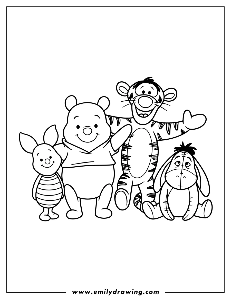 Line art of Winnie the Pooh, Piglet, Eeyore, and Tigger from the Hundred Acre Wood, ready to be colored in.