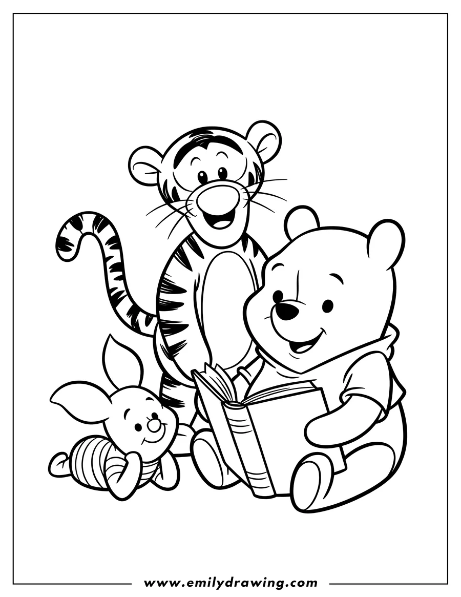 Line art of Winnie the Pooh reading a book with Piglet and Tigger.