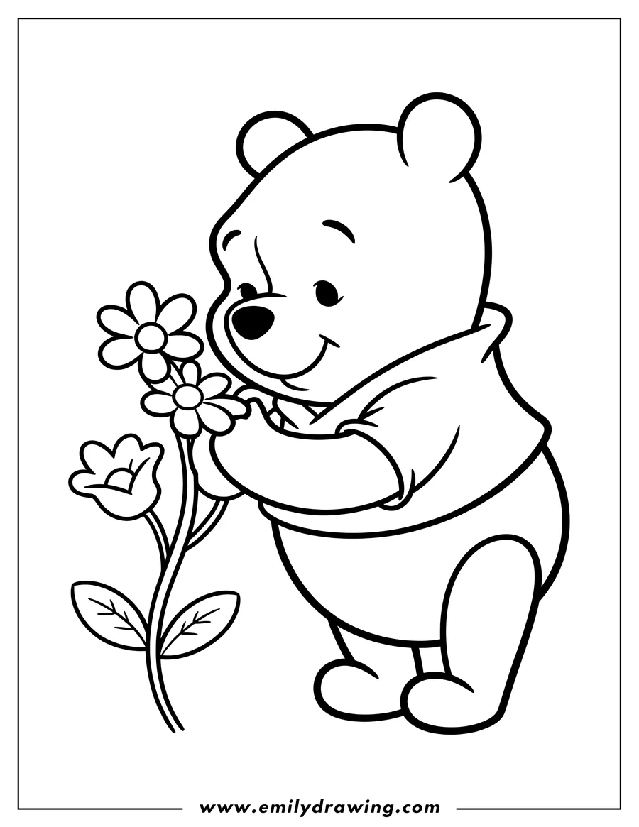 Line art of Winnie the Pooh smelling a small bunch of flowers.