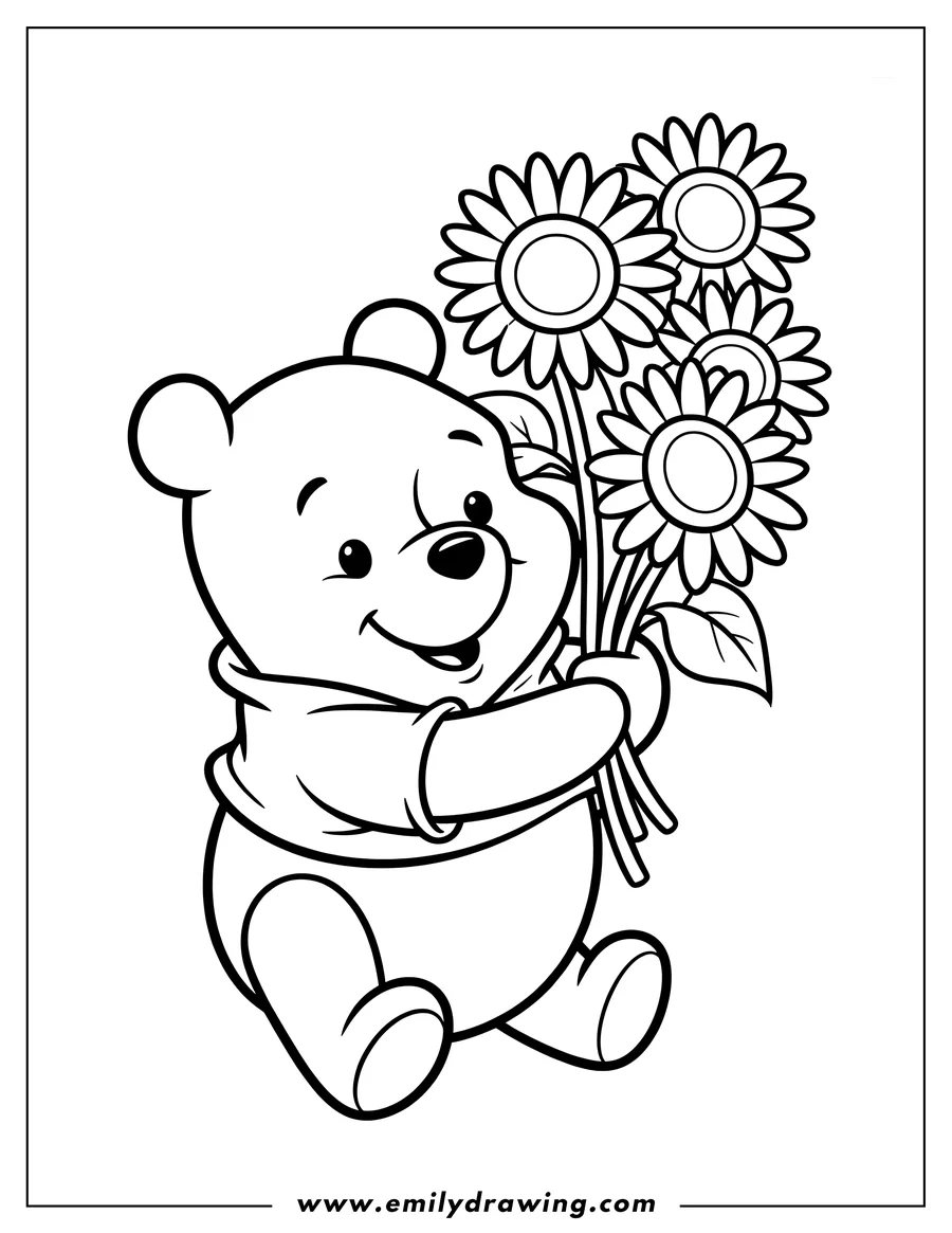 Outline of Winnie the Pooh holding a bouquet of sunflowers. He's sitting and smiling.