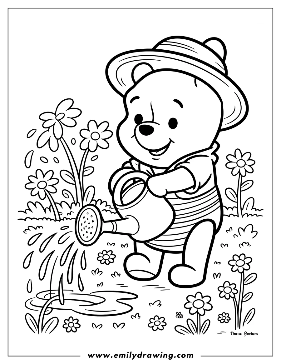 Line art of Winnie the Pooh wearing a hat and watering flowers in a garden.