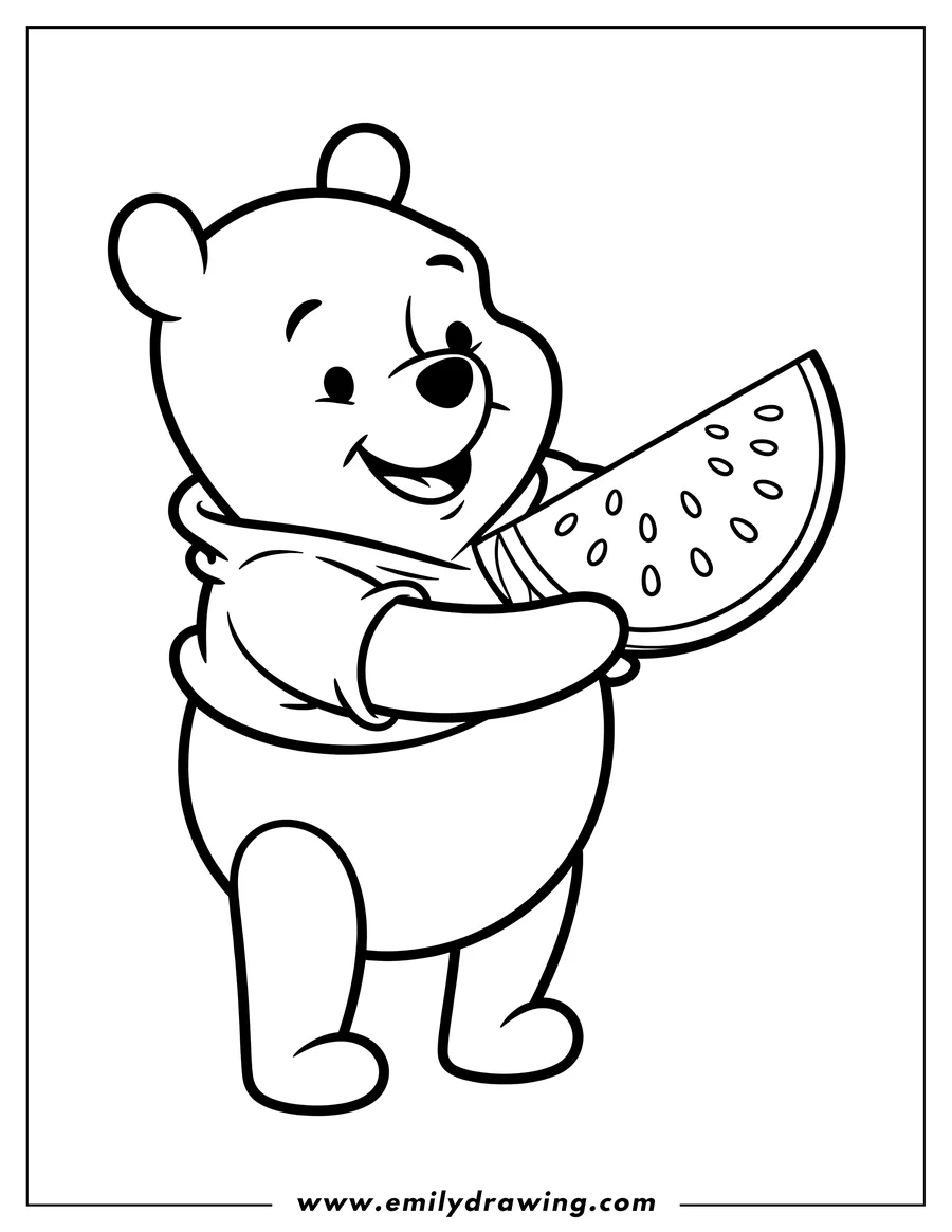 Line art of Winnie the Pooh holding a slice of watermelon.