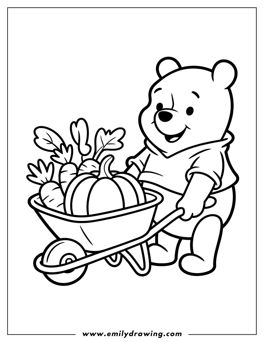 Line art of Winnie the Pooh pushing a wheelbarrow filled with a pumpkin and carrots.